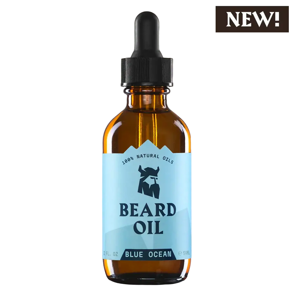 Beard Oil Blue Ocean in amber dropper bottle with natural organic ingredients and refreshing sea breeze scent