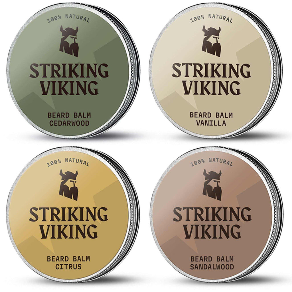 Striking Viking Beard Balm Variety 4 Pack Set with Cedarwood, Vanilla, Citrus, Sandalwood scents.
