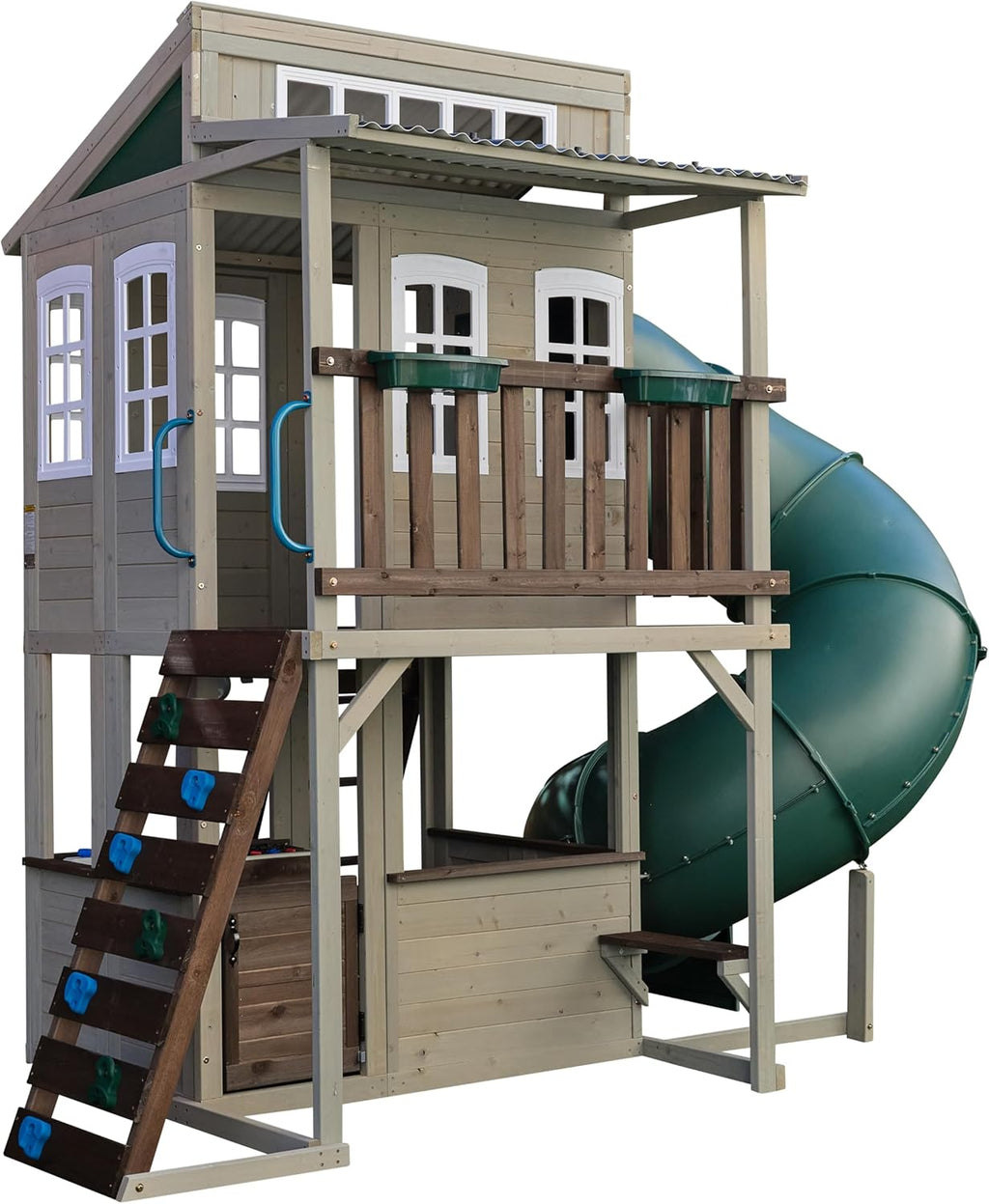 KidKraft Cozy Escape F29045 Houten Tuin Speelhuis met Twee Niveaus (FSC) met Glijbaan, Kinderkeuken en Klimwand