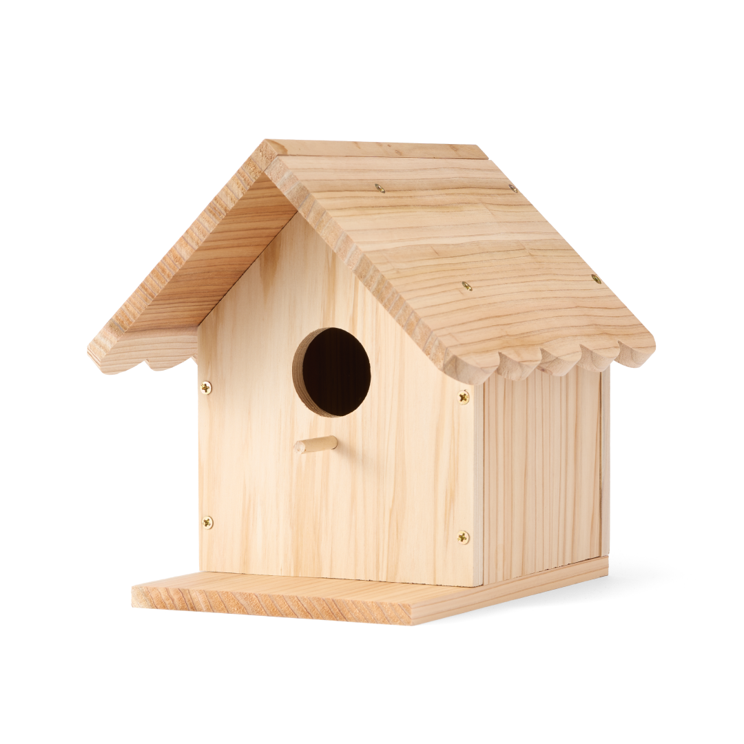 WildYard X Angry Birds™ DIY Birdhouse unpainted natural cedar kit — pre-assembled view showing slanted roof, circular entry hole and perch