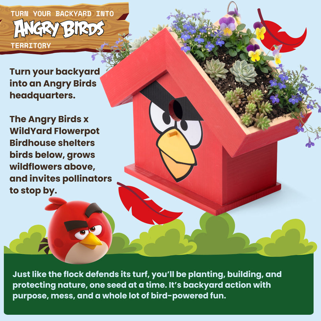 WildYard X Angry Birds™ Flowerpot Birdhouse in a backyard garden with wildflowers blooming
