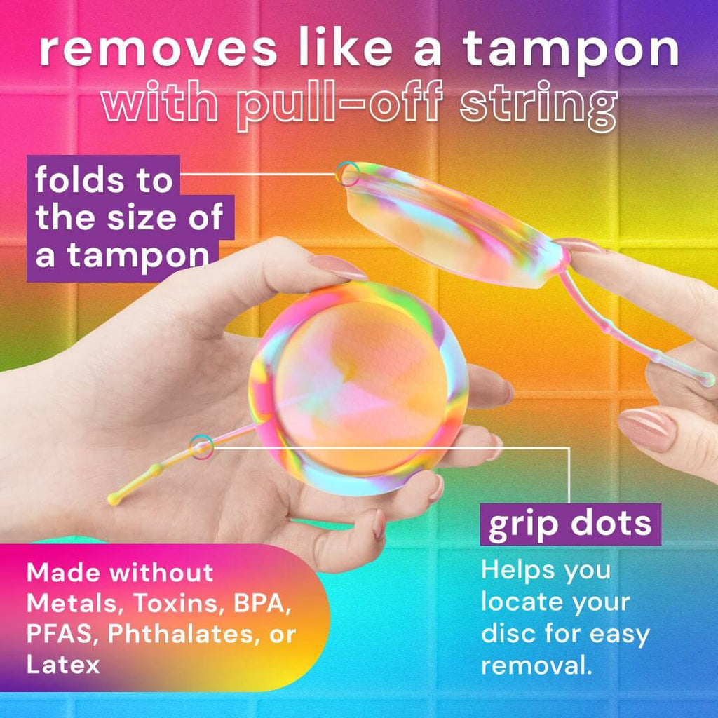 Bodyotics Comfydisc Rainbow Edition reusable menstrual disc with pull-off string, colorful silicone, compact foldable design, and grip dots for easy removal, toxin-free and eco-friendly.