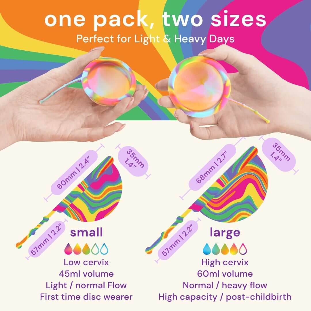 Bodyotics Comfydisc Rainbow Edition reusable menstrual discs in two sizes with vibrant rainbow design, leak-proof, body-safe silicone, perfect for light to heavy flow, supporting LGBTI rights.