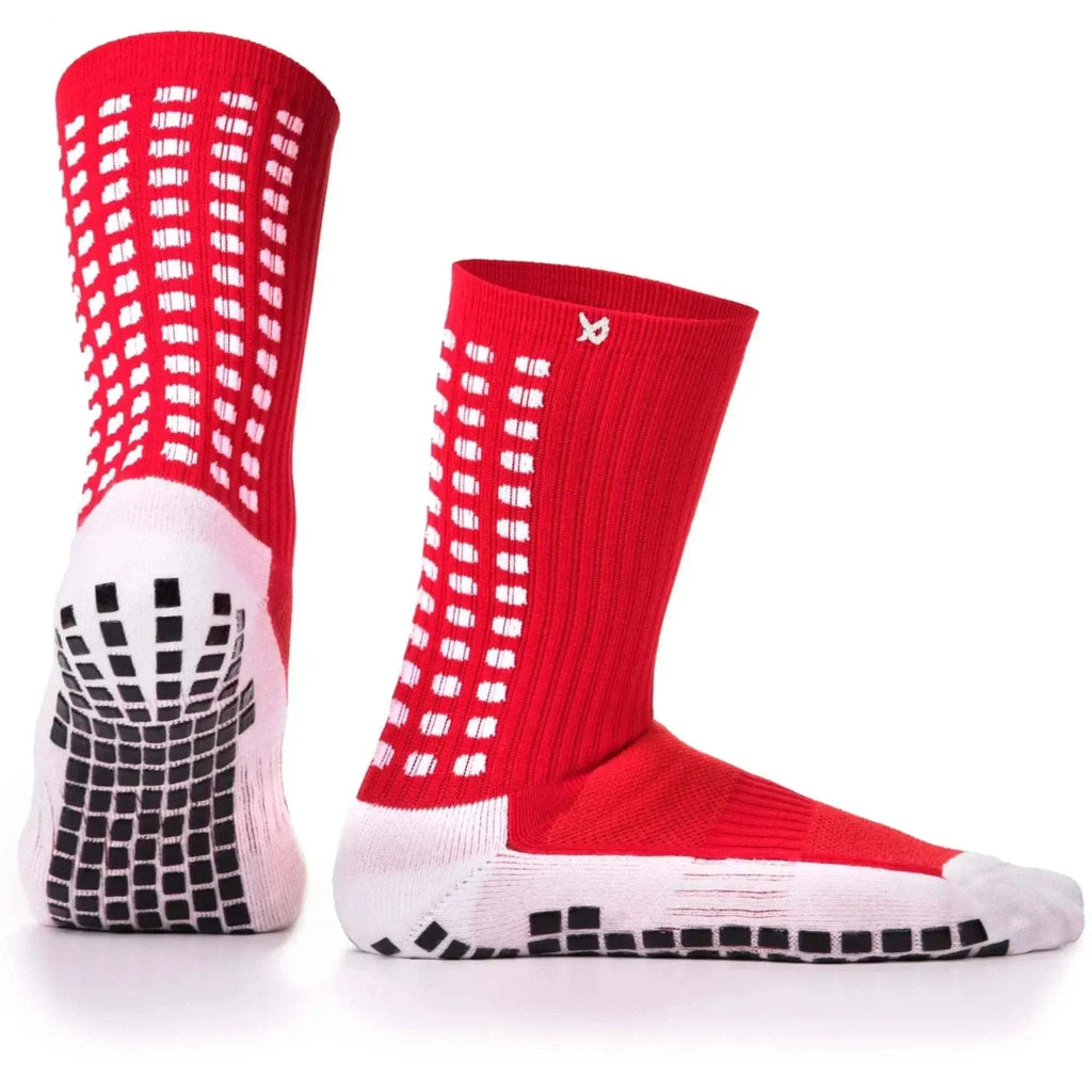 Red athletic socks with white and black patterns on a white background