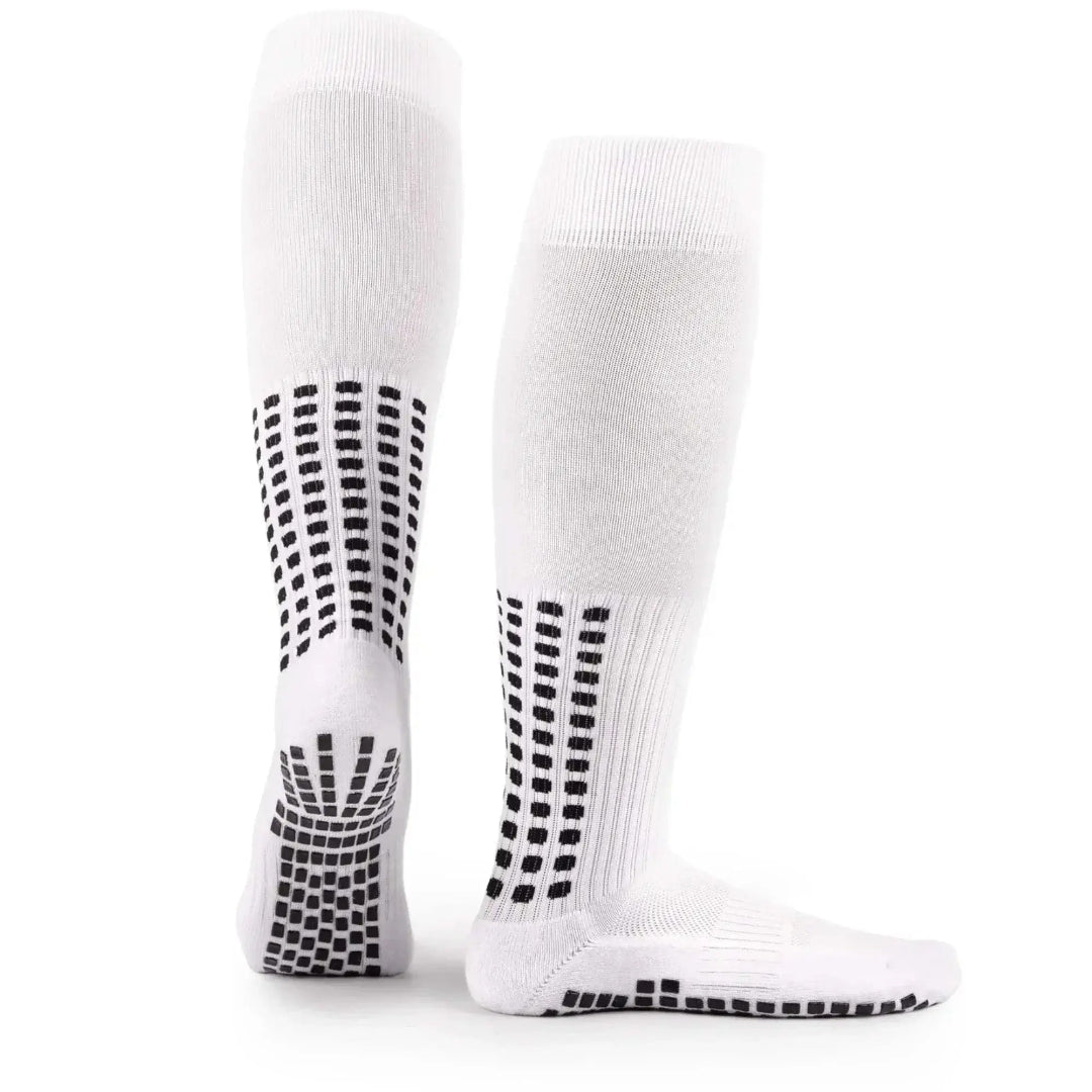 White socks with black textured patterns on a white background