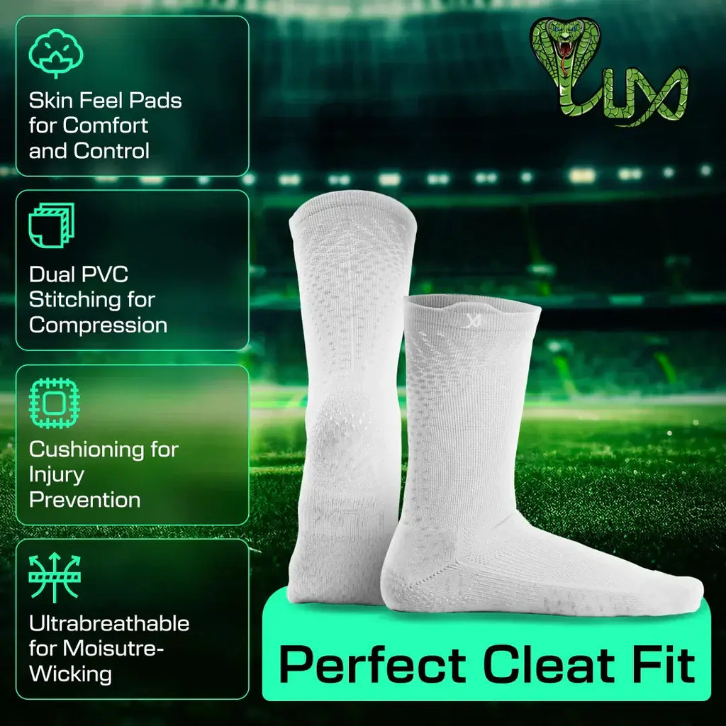LUX ProCleat Performance Grip Socken – Wadenlang – Weiß – Erwachsenengröße (EU 39–46 / US 6–11,5) – Rutschfeste Stollensocken für Fußball, Baseball und Training