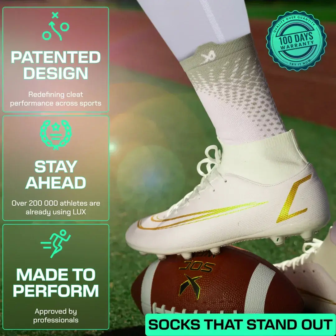 LUX ProCleat Performance Grip Socken – Wadenlang – Weiß – Erwachsenengröße (EU 39–46 / US 6–11,5) – Rutschfeste Stollensocken für Fußball, Baseball und Training