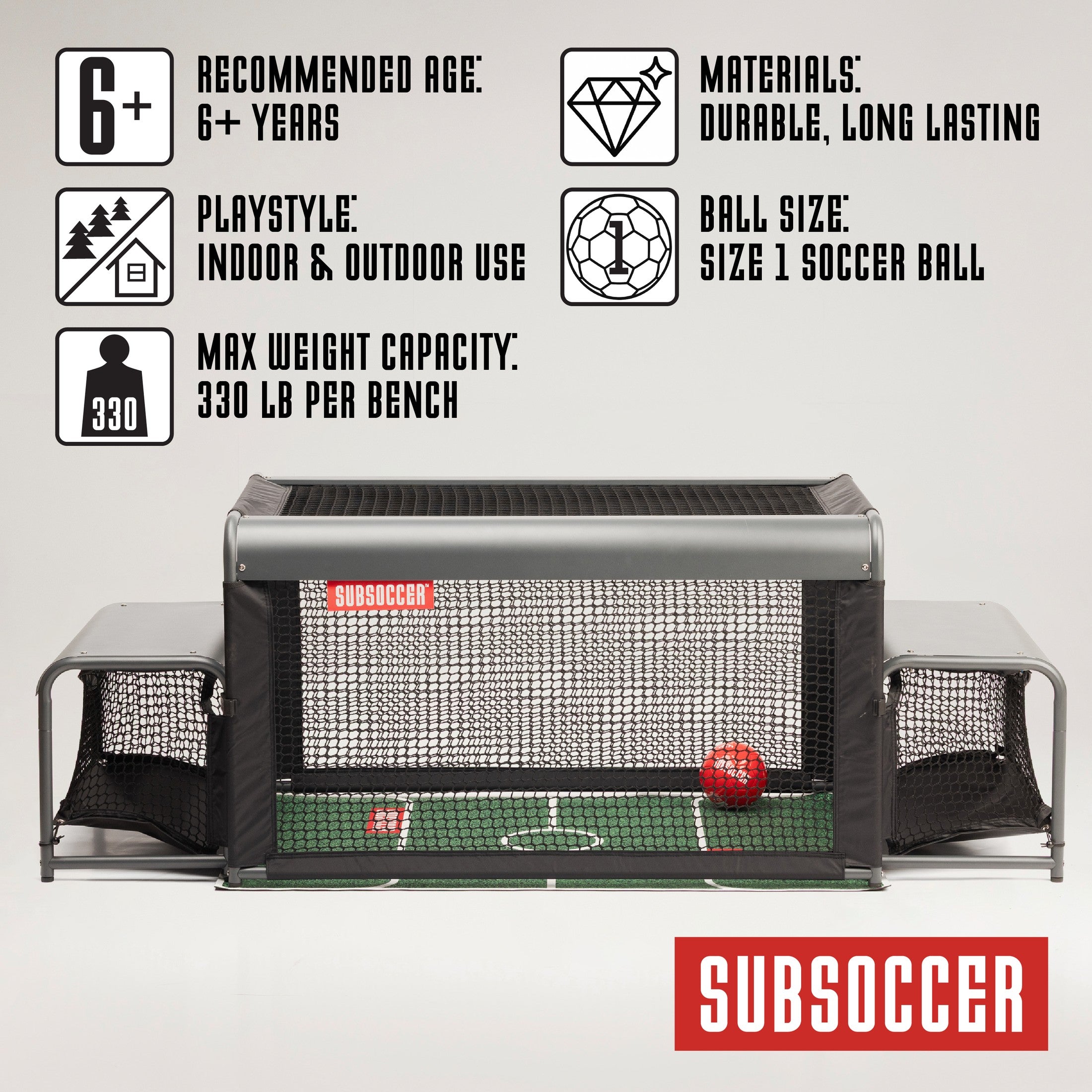 Subsoccer S3 Edge specifications: ages 6+, indoor and outdoor, 330 lb per bench, size 1 ball