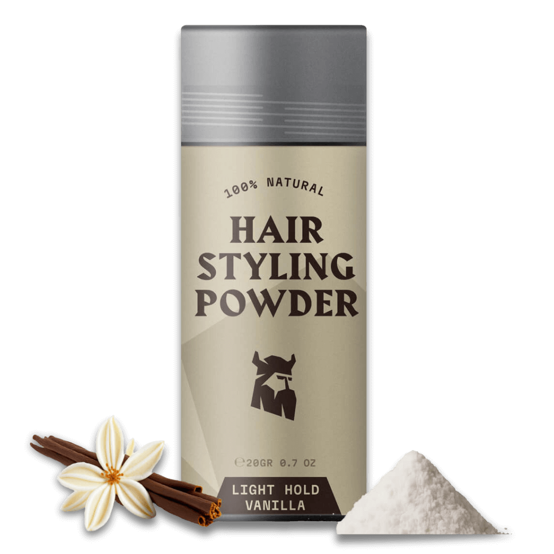 Hair styling powder for men with light hold and vanilla scent, featuring natural ingredients and bold volume boost.