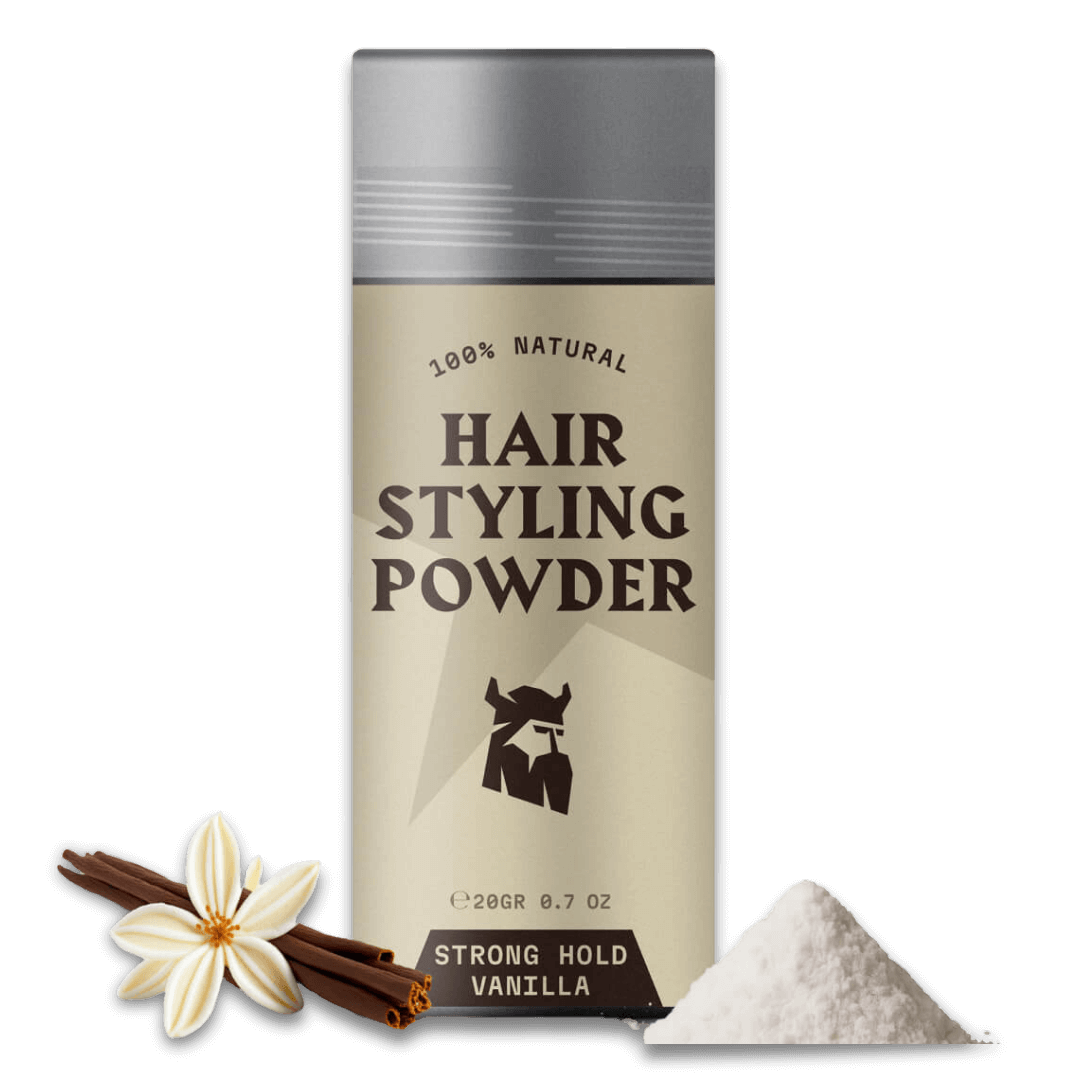 Hair Styling Powder for men with strong hold and vanilla scent in beige packaging alongside vanilla flower, cinnamon sticks, and powder pile