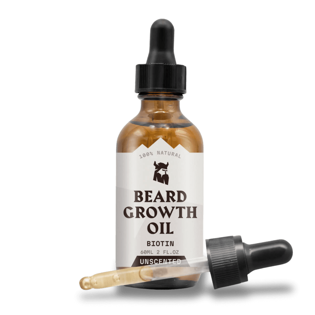 Beard Growth Oil Biotin for Men in amber dropper bottle, unscented and natural formula for fuller, healthier beard growth.
