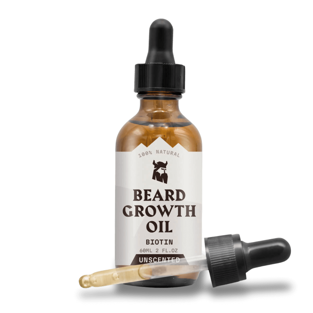 Beard Growth Oil Biotin for Men in amber dropper bottle, unscented and natural formula for fuller, healthier beard growth.