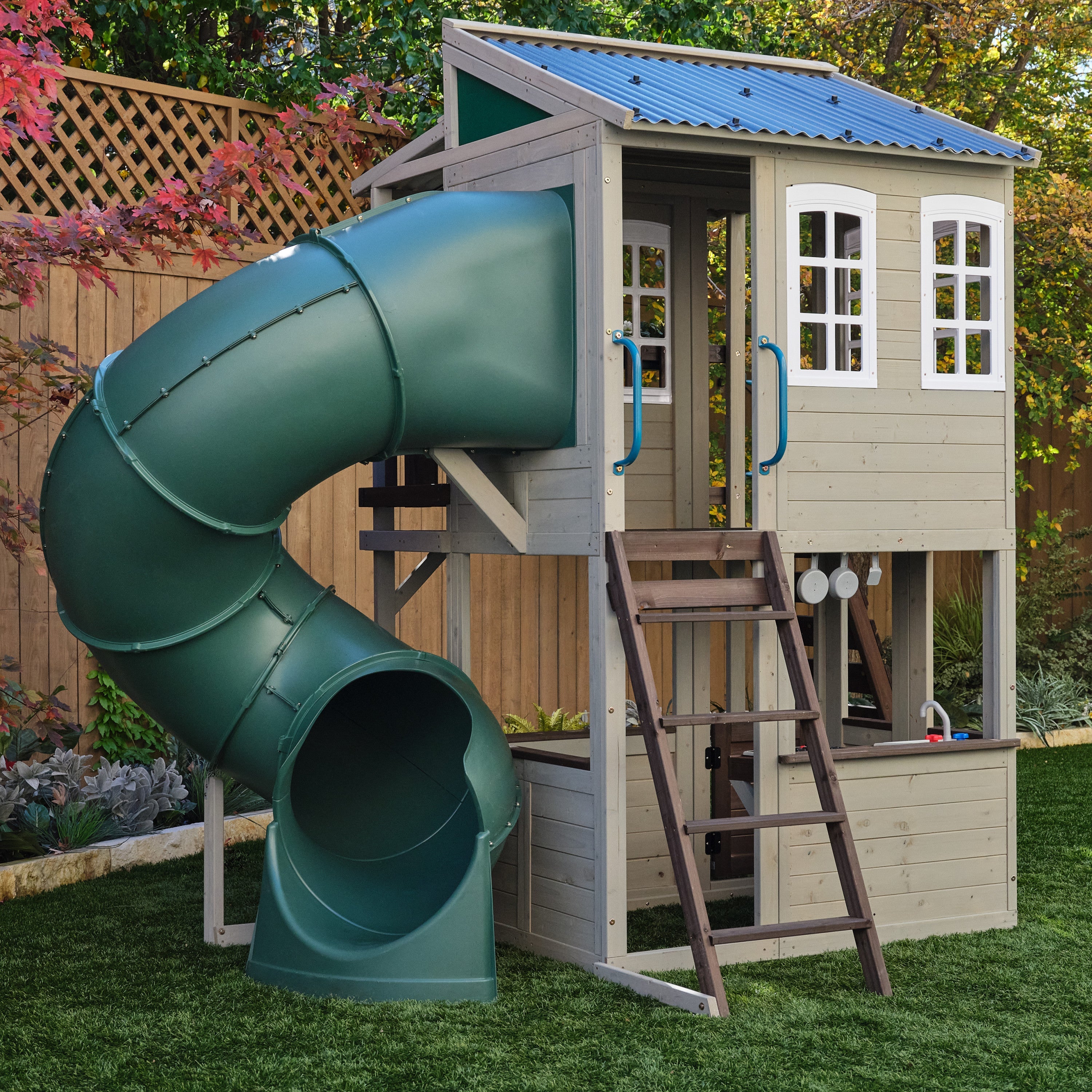 KidKraft Wooden Playhouse with Tube Slide – 2 Storey Outdoor Playground for Kids, Climbing Frame with Turbo Tube Slide & Rock Wall, Garden Play Tower