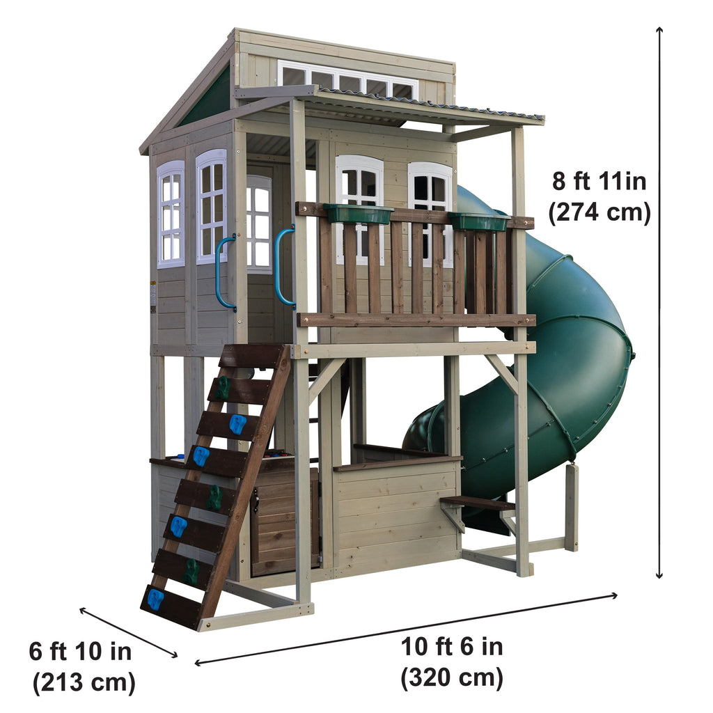 KidKraft Wooden Playhouse with Tube Slide – 2 Storey Outdoor Playground for Kids, Climbing Frame with Turbo Tube Slide & Rock Wall, Garden Play Tower