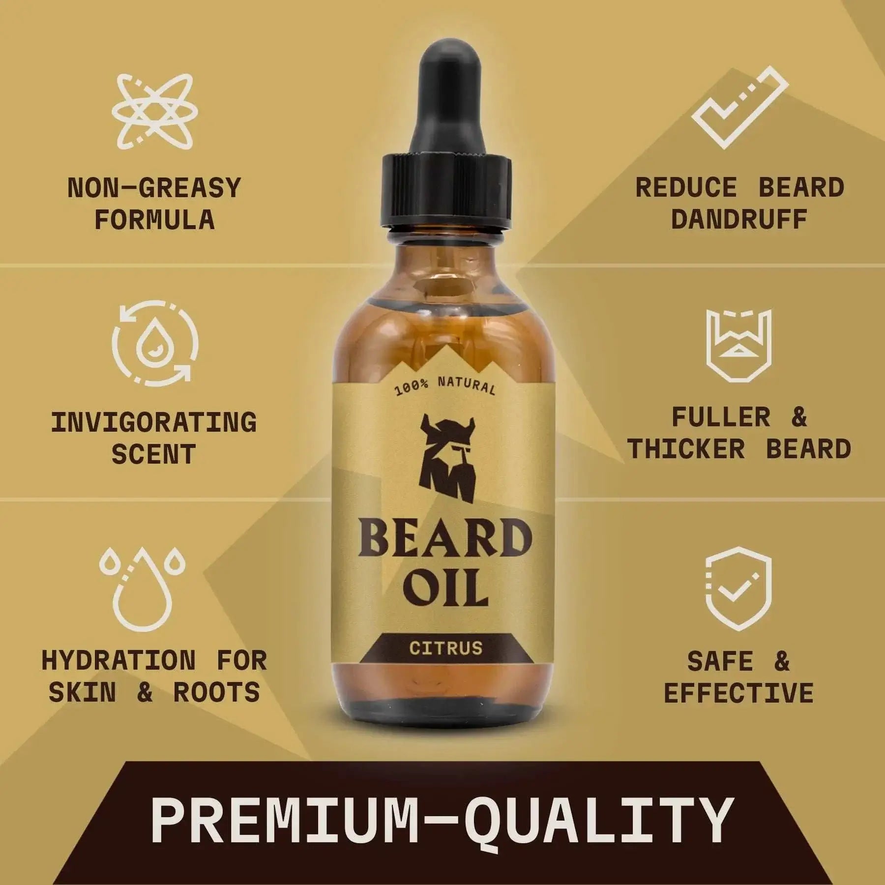 Citrus beard oil bottle with benefits like non-greasy formula, invigorating scent, and hydration for fuller beard.