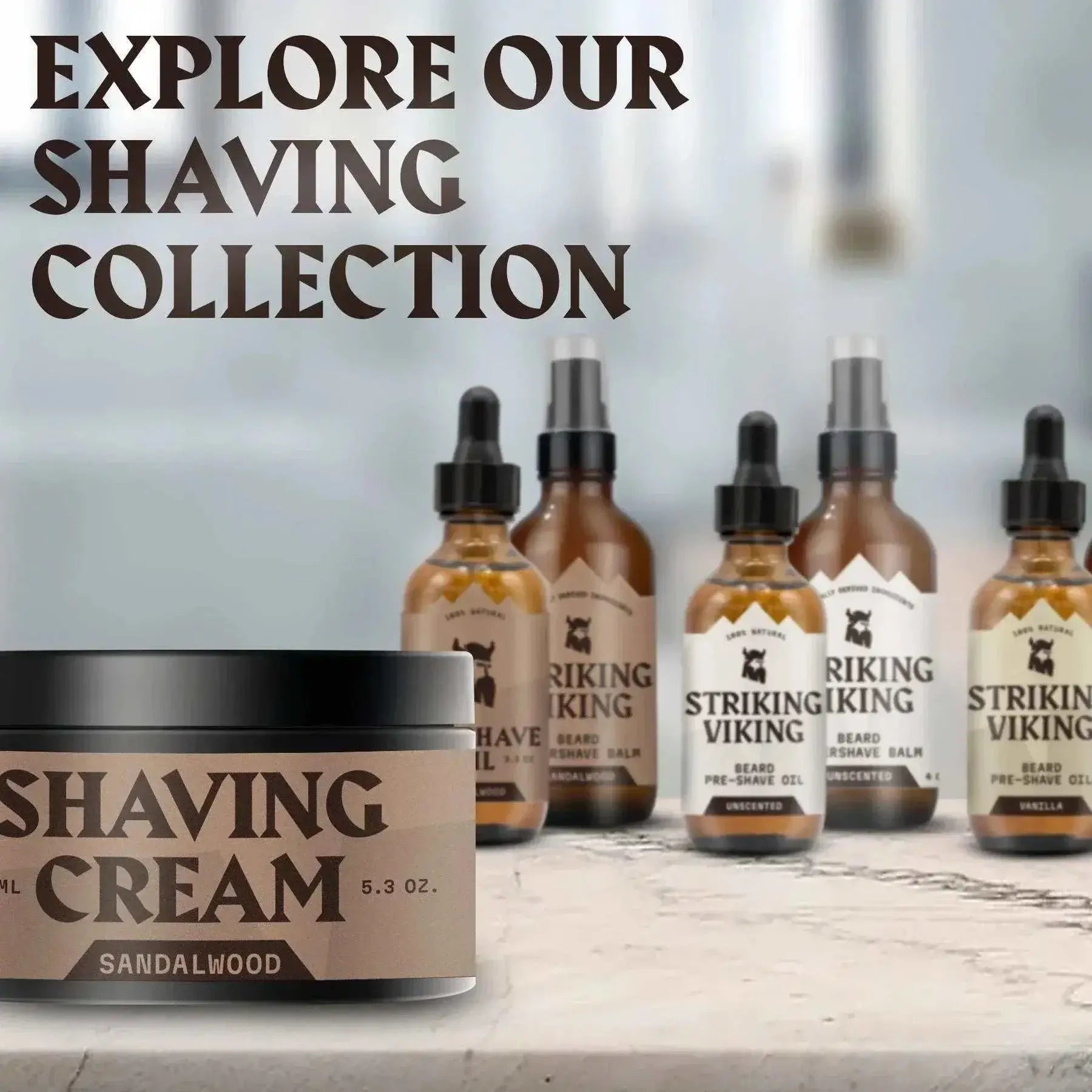Shaving Cream for Men (Sandalwood) in 5.3 oz tub with Striking Viking branding, surrounded by various grooming products, promoting luxury shaving experience.