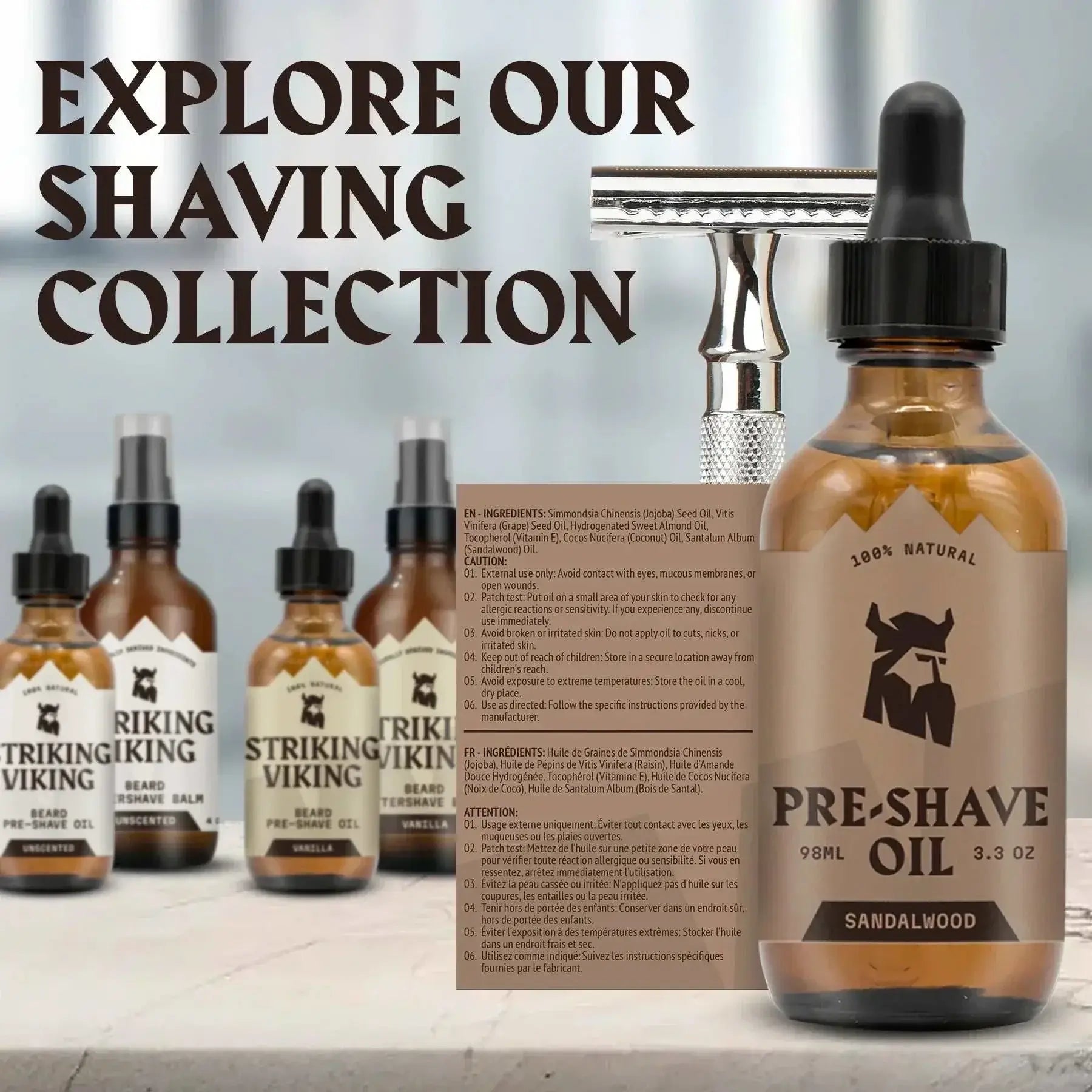 Pre Shave Oil for Men with Sandalwood scent by Striking Viking, ensuring effortless, smooth shave with moisturizing care.