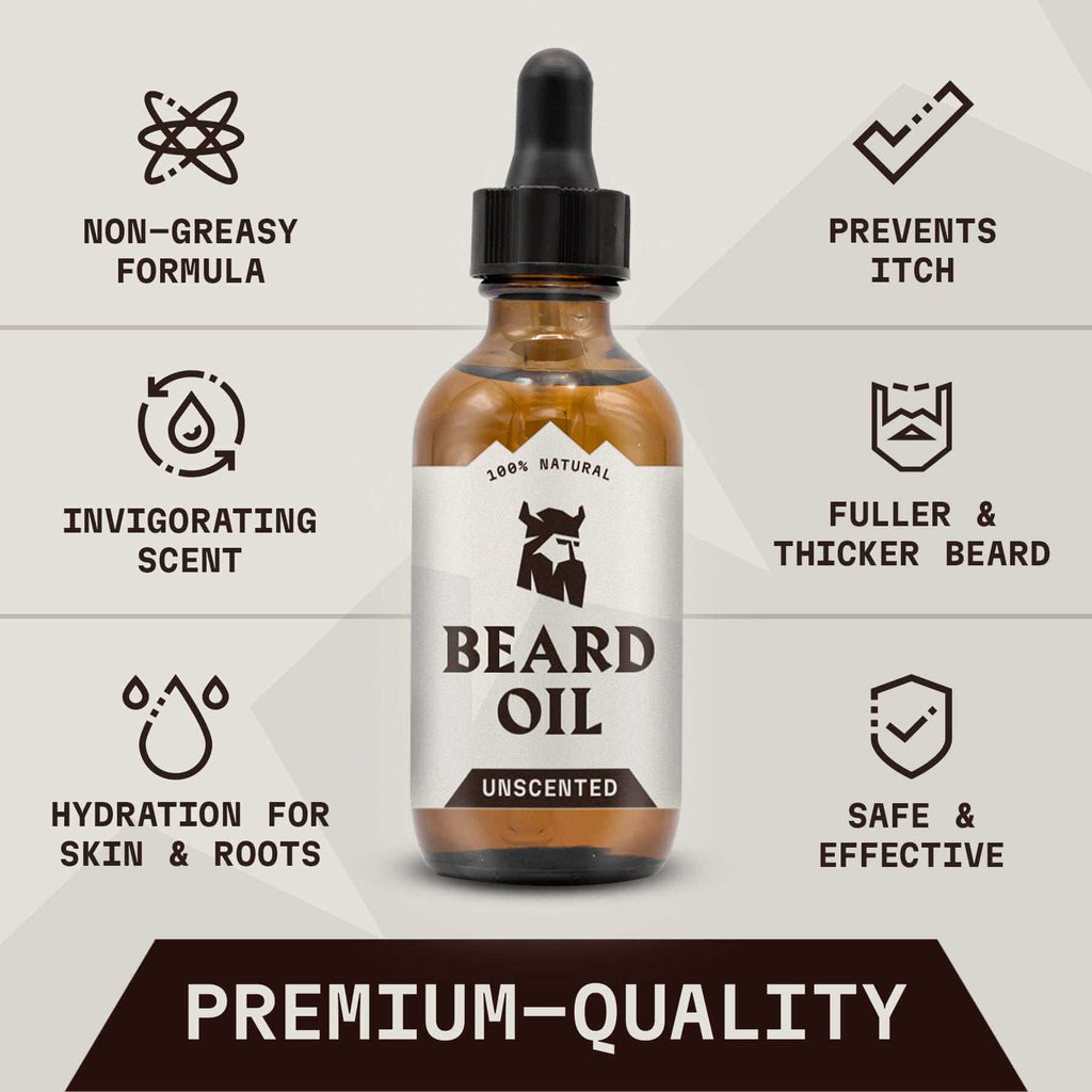 Unscented beard oil with bottle dropper, promoting premium-quality grooming with features like non-greasy formula, itch prevention, hydration, and effectiveness.