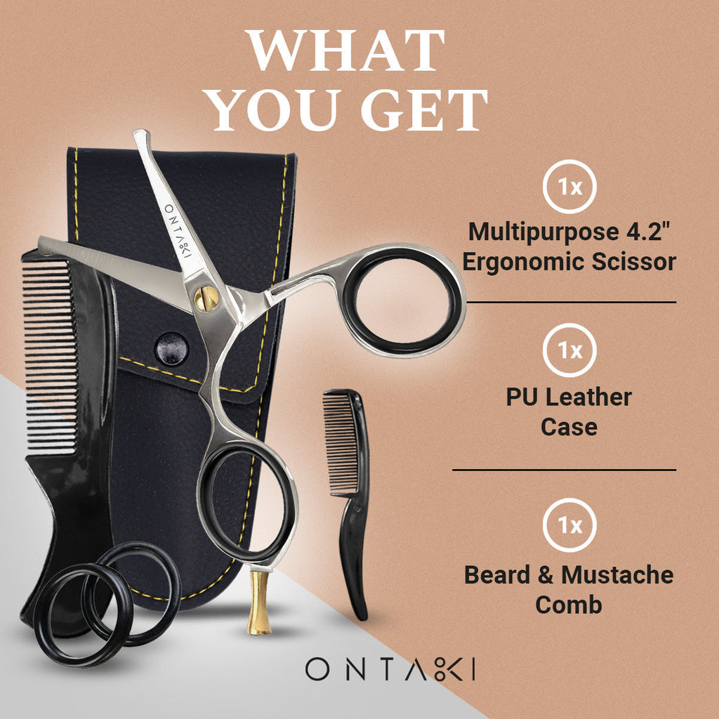 Foarfecă pentru barbă și mustață ONTAKI din oțel japonez cu vârf rotunjit (4.2") Argintiu