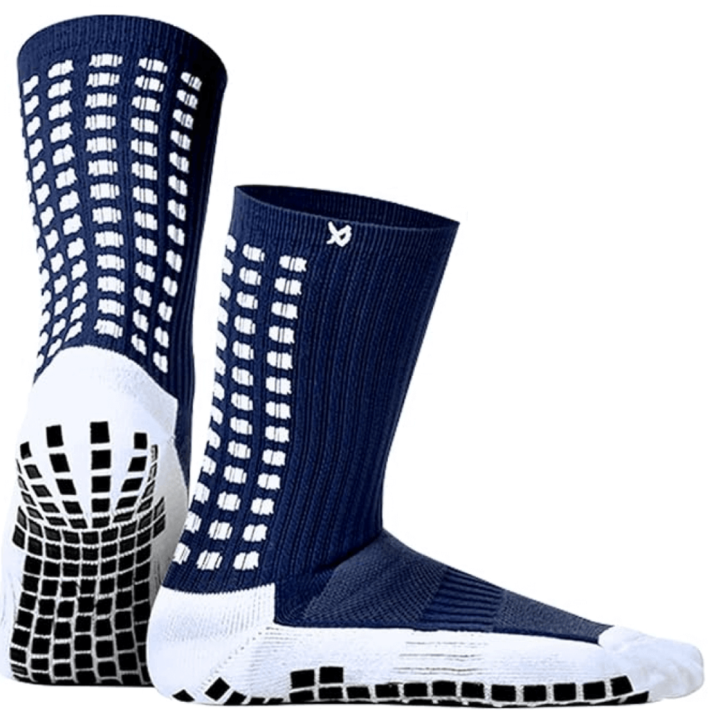 Pair of navy and white socks with textured pattern on a white background