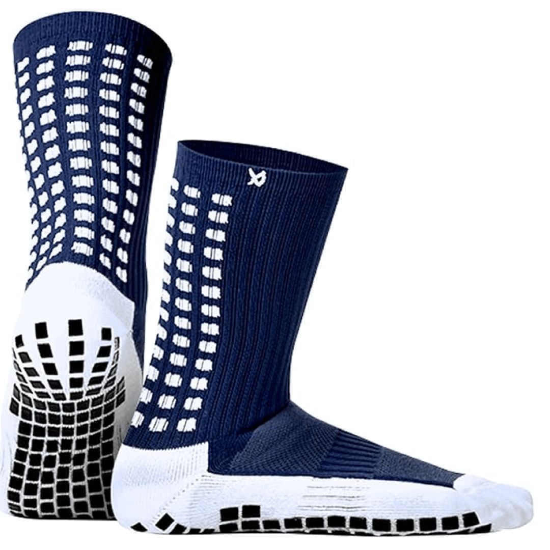 Pair of navy and white socks with textured pattern on a white background