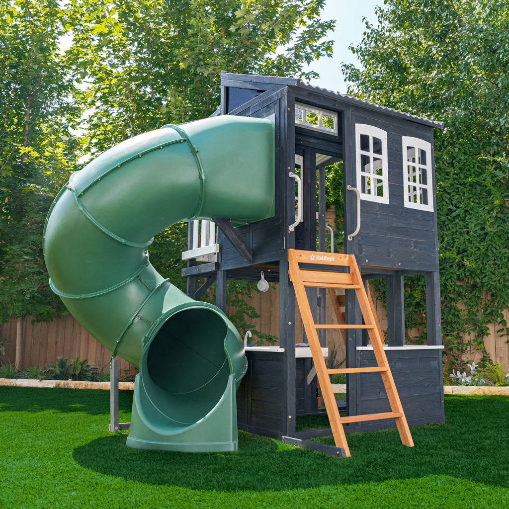 KidKraft Wooden Playhouse with Tube Slide – 2 Storey Outdoor Playground for Kids, Climbing Frame with Turbo Tube Slide & Rock Wall, Garden Play Tower