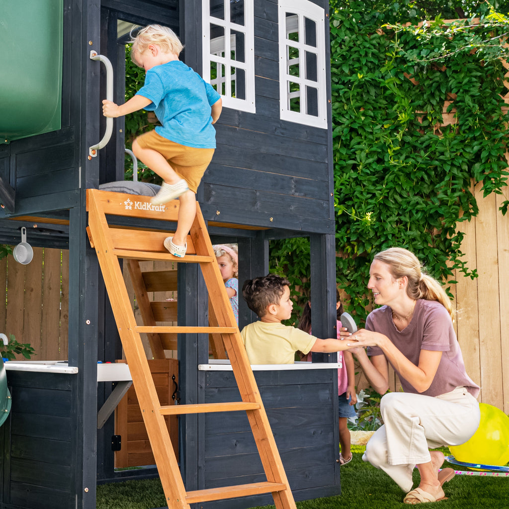 KidKraft Wooden Playhouse with Tube Slide – 2 Storey Outdoor Playground for Kids, Climbing Frame with Turbo Tube Slide & Rock Wall, Garden Play Tower