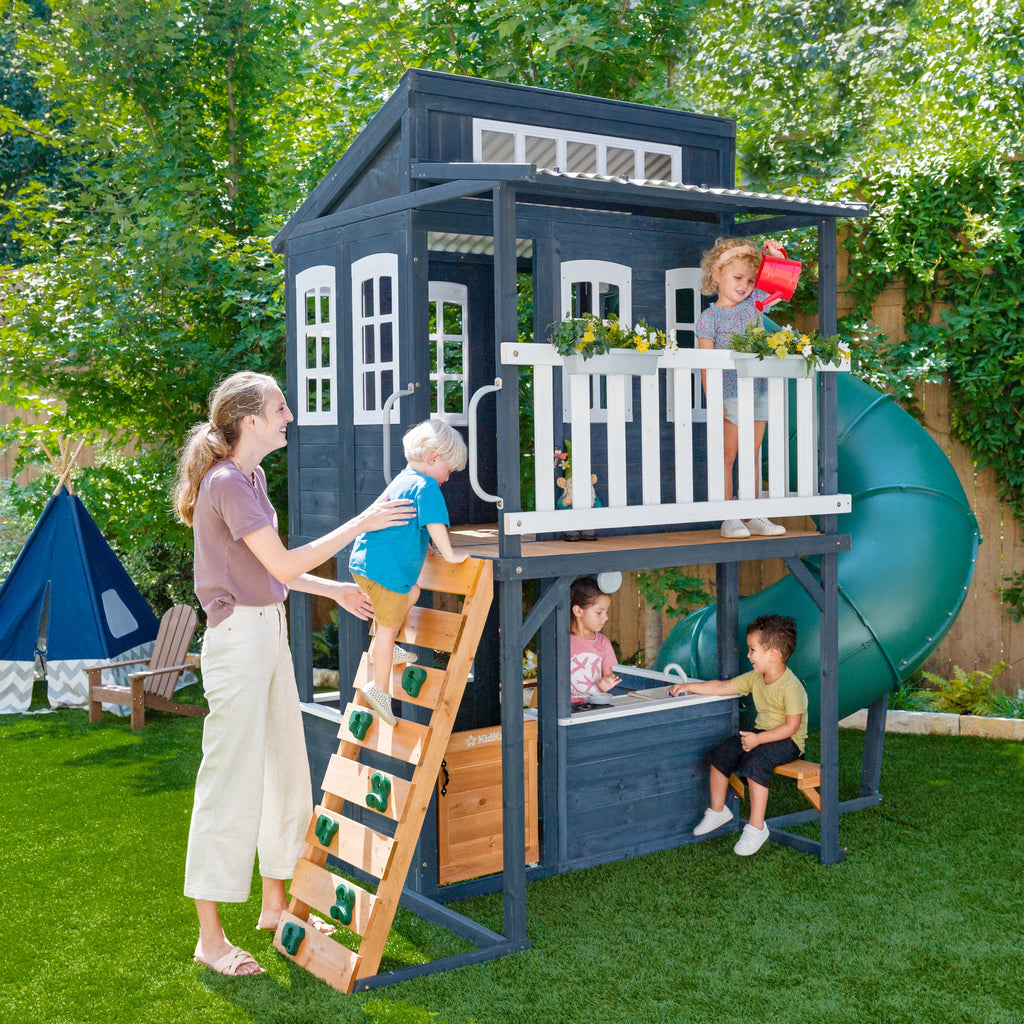 KidKraft Wooden Playhouse with Tube Slide – 2 Storey Outdoor Playground for Kids, Climbing Frame with Turbo Tube Slide & Rock Wall, Garden Play Tower