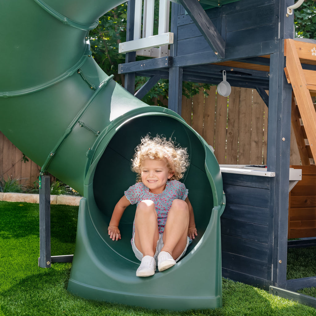 KidKraft Wooden Playhouse with Tube Slide – 2 Storey Outdoor Playground for Kids, Climbing Frame with Turbo Tube Slide & Rock Wall, Garden Play Tower