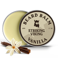 Beard Balm Vanilla tin with Striking Viking logo and vanilla decoration.