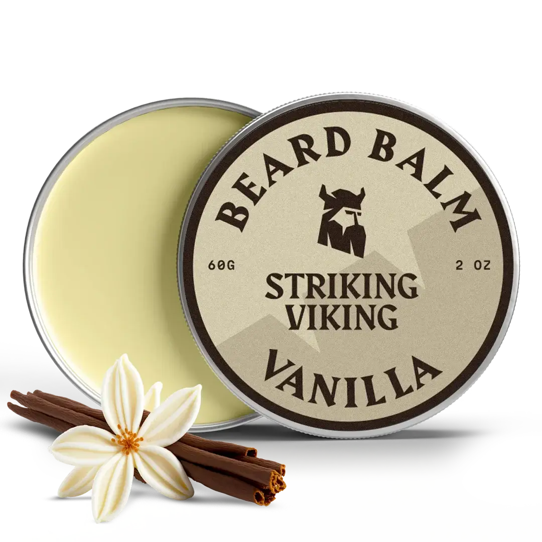 Beard Balm Vanilla tin with Striking Viking logo and vanilla decoration.