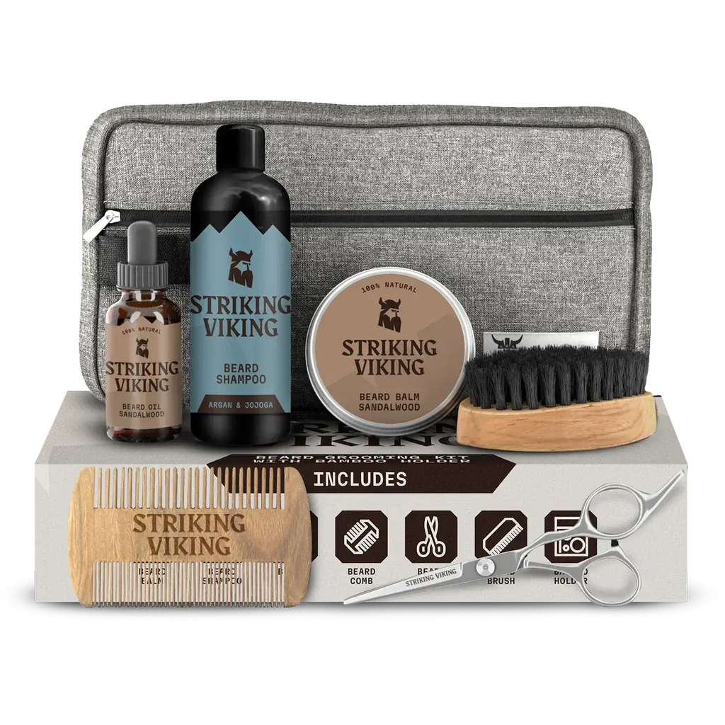 Beard grooming kit for men with shampoo, balm, oil, brush, comb, scissors, toiletry bag, and gift box.