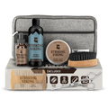 Beard grooming kit for men with shampoo, balm, oil, brush, comb, scissors, toiletry bag, and gift box.