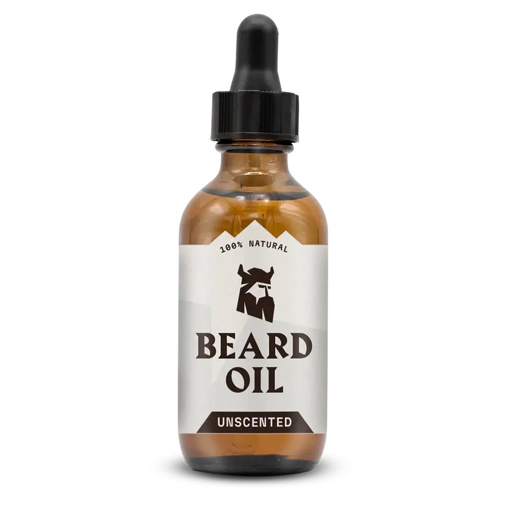 Unscented beard oil bottle, 2 oz dropper, natural ingredients.