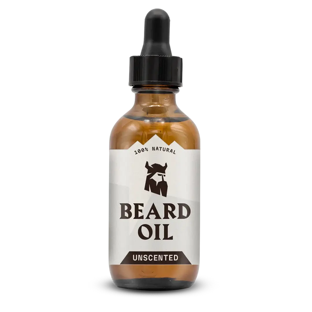 Unscented beard oil bottle, 2 oz dropper, natural ingredients.