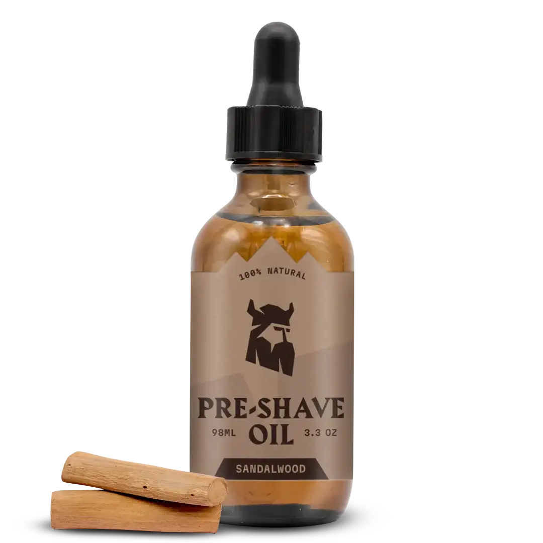 Pre Shave Oil for Men with Sandalwood aroma in elegant glass bottle, offering smooth shave and moisturizing care.