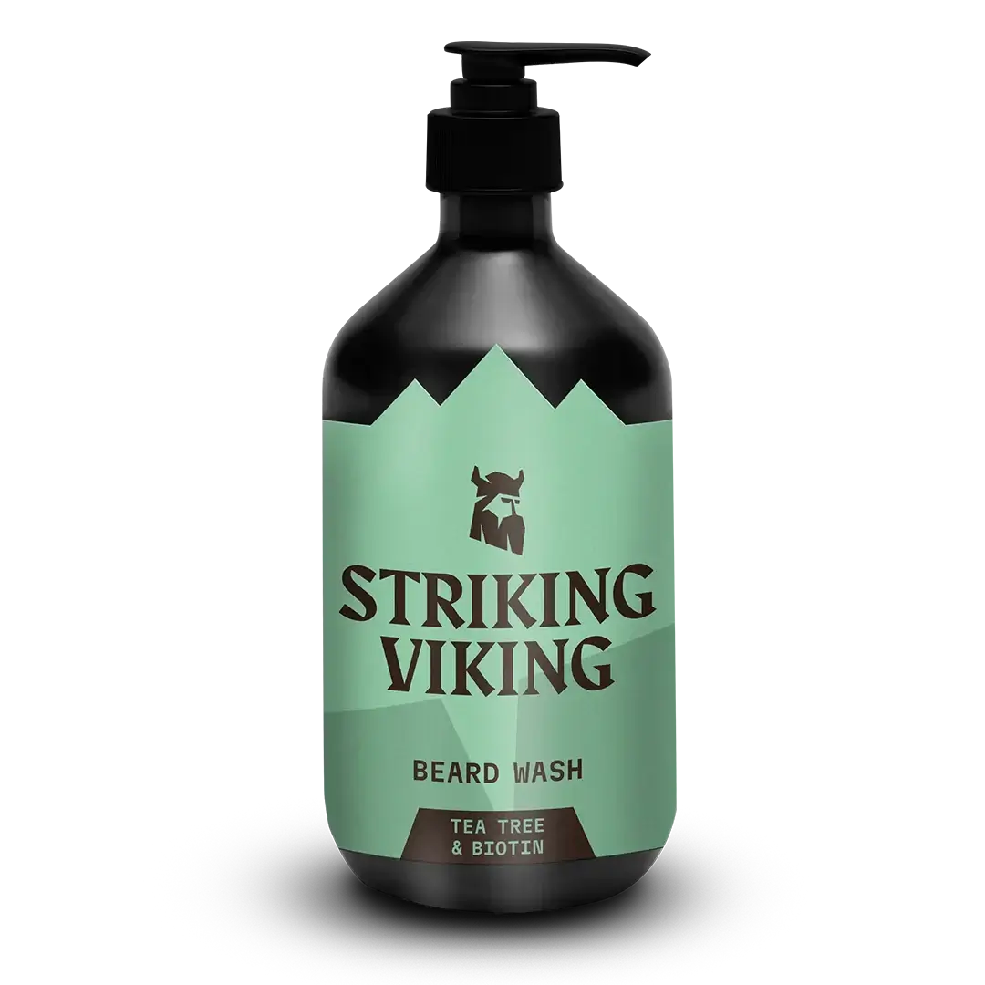 Beard Shampoo with Tea Tree & Biotin by Striking Viking in pump bottle.