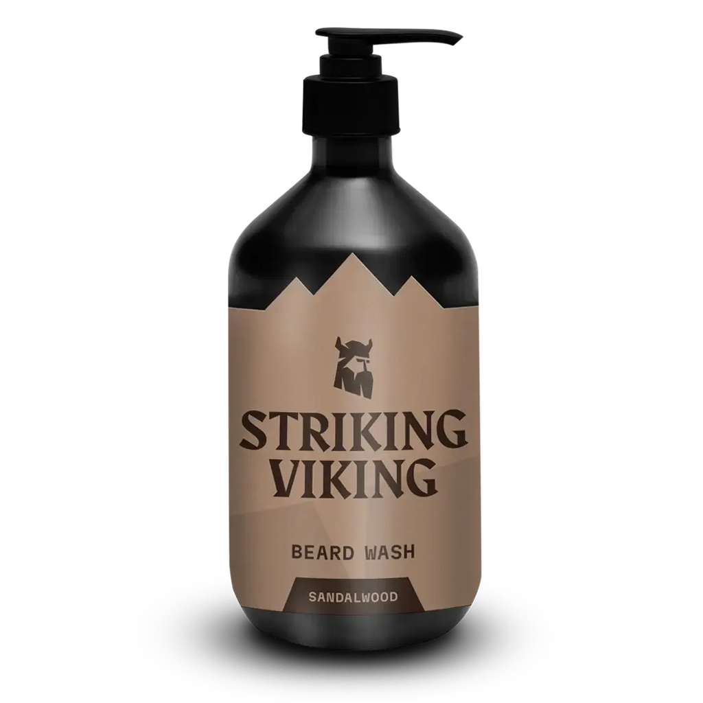Beard Shampoo - Sandalwood by Striking Viking in black pump bottle.