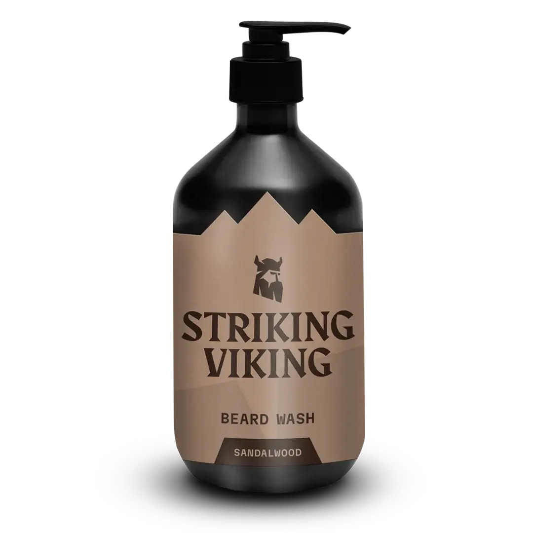Beard Shampoo - Sandalwood by Striking Viking in black pump bottle.