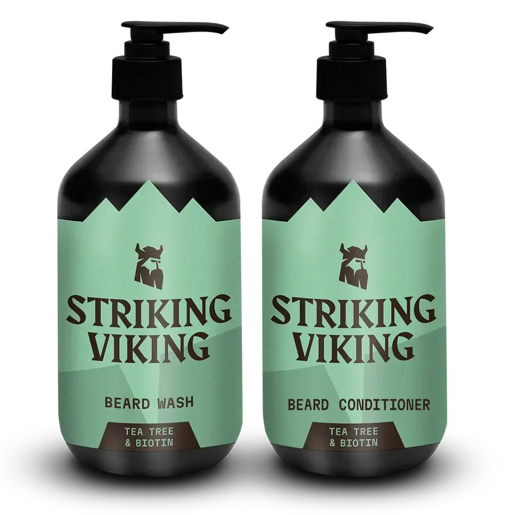 Beard Shampoo and conditioner set with tea tree and biotin bottles by Striking Viking.