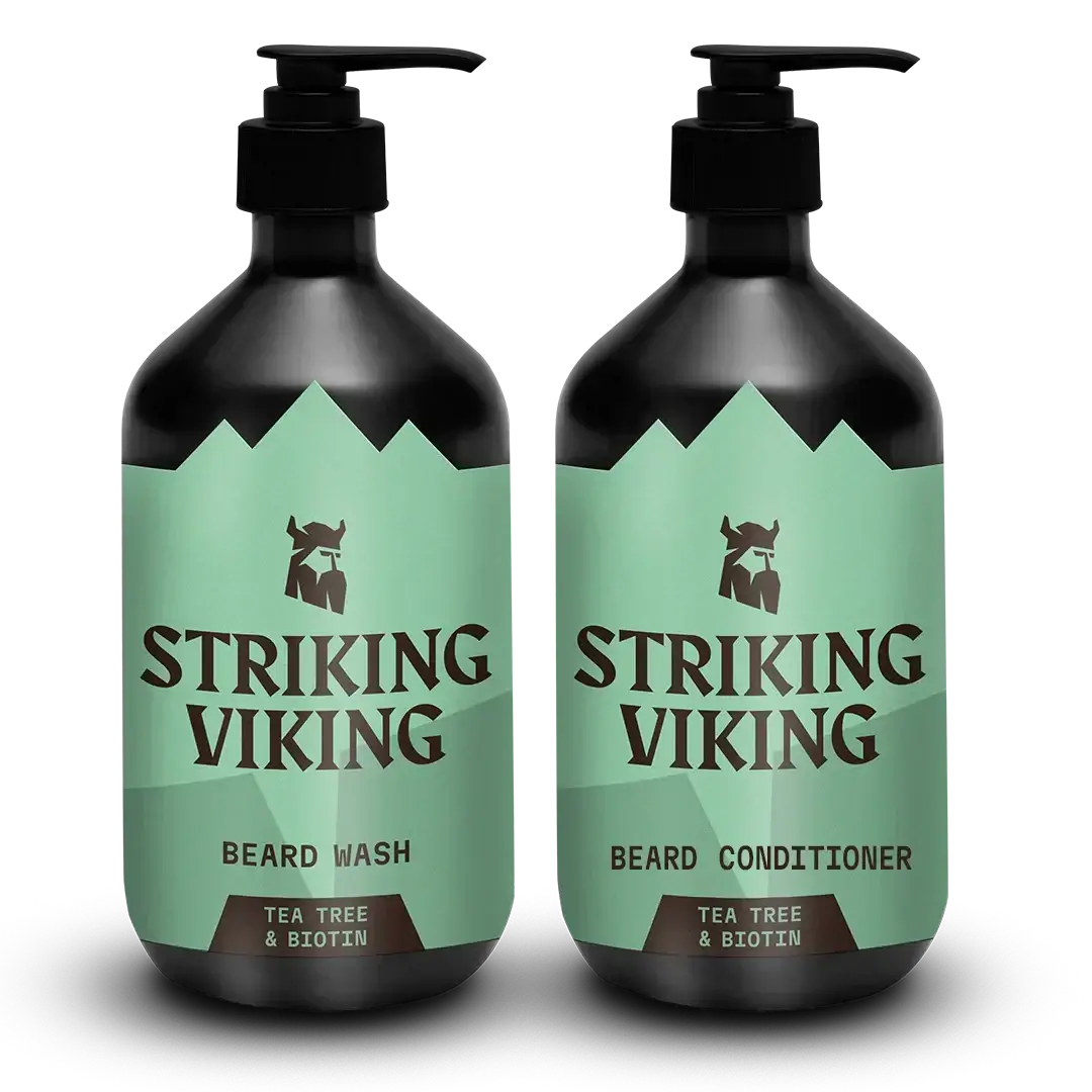 Beard Shampoo and conditioner set with tea tree and biotin bottles by Striking Viking.