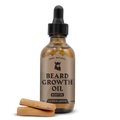 Beard Growth Oil Biotin Sandalwood bottle with sandalwood pieces.