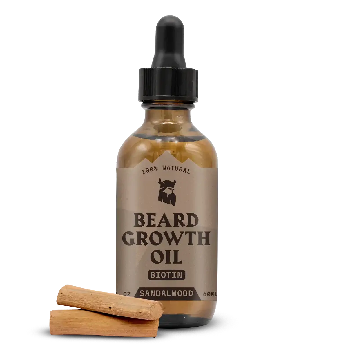 Beard Growth Oil Biotin Sandalwood bottle with sandalwood pieces.