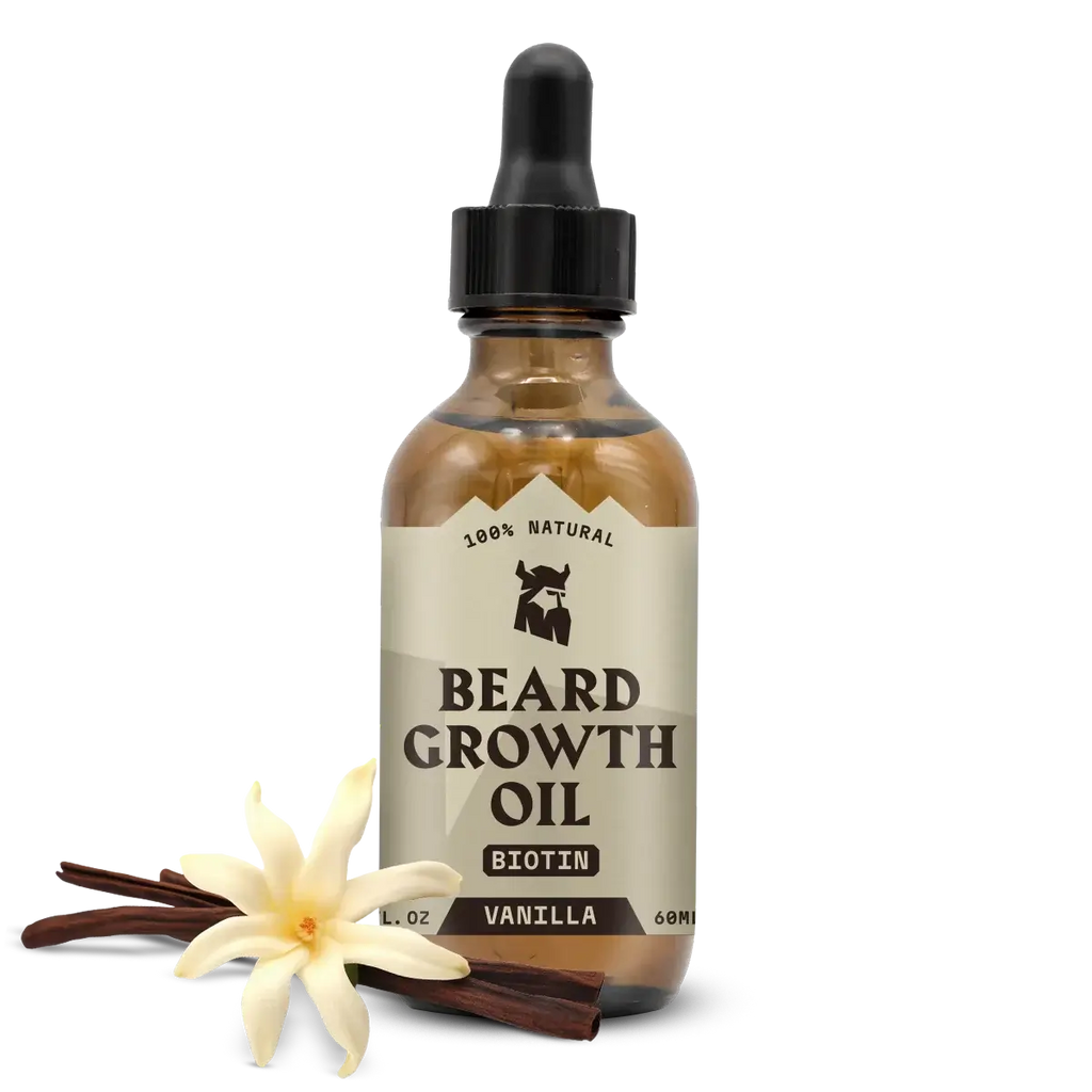 Beard Growth Oil for men with vanilla scent, featuring biotin, in a brown dropper bottle.