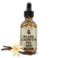 Beard Growth Oil for men with vanilla scent, featuring biotin, in a brown dropper bottle.