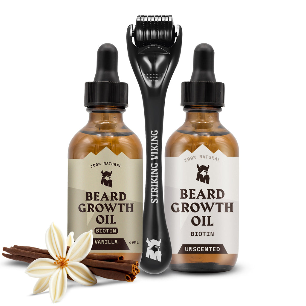 Olej do wzrostu brody Wanilia i bezzapachowy + Zestaw z Derma Rollerem
