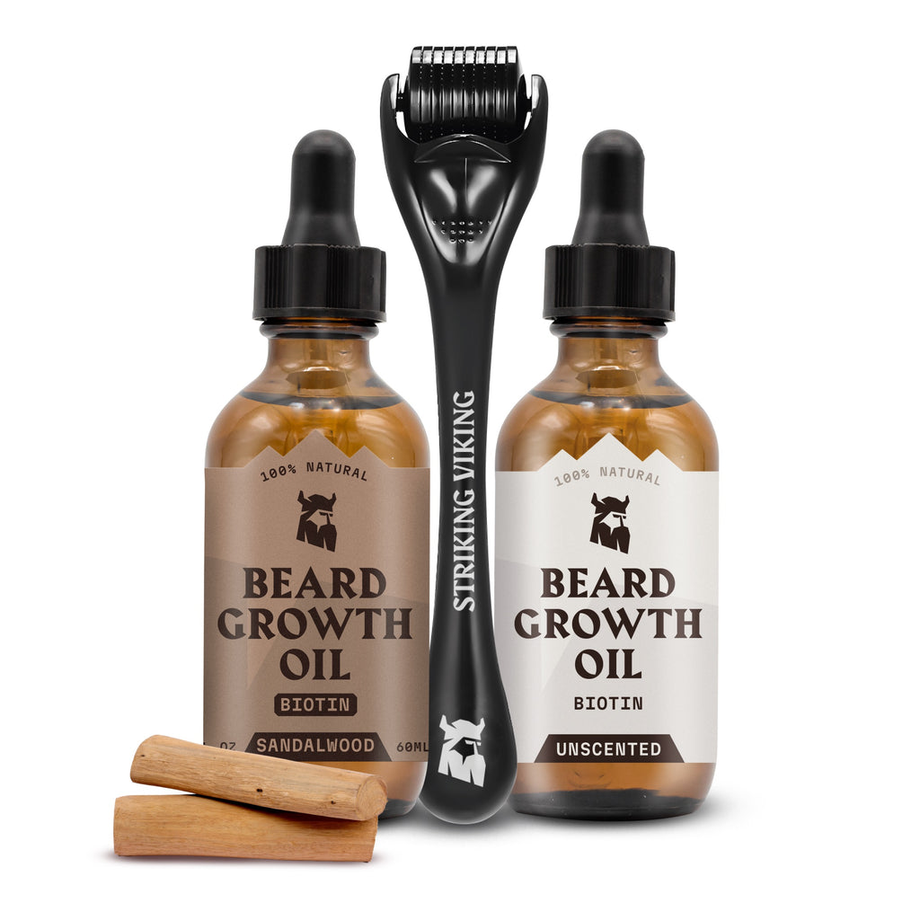 Huile de Croissance de Barbe Bois de Santal & Sans Parfum + Ensemble Derma Roller
