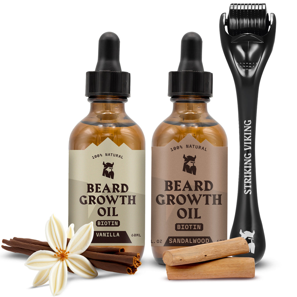 Olej do wzrostu brody Drzewo sandałowe i Wanilia 2-pakiet + Zestaw z Derma Rollerem