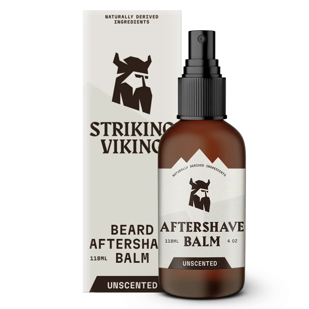 Unscented after shave balm for men by Striking Viking, 118ml bottle and packaging, soothing and hydrating for all skin types.
