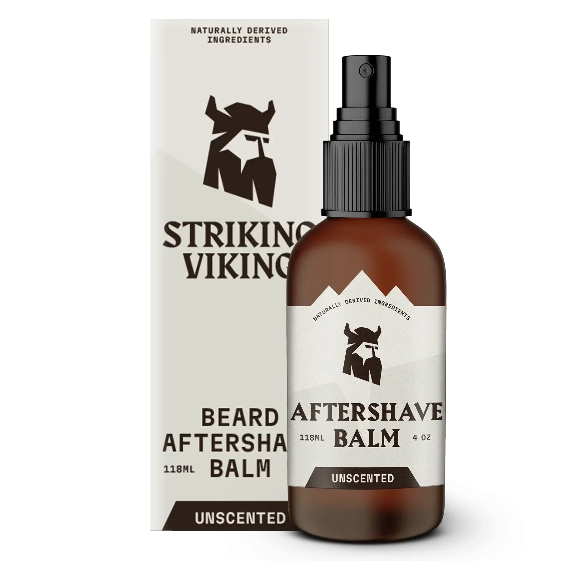 Unscented after shave balm for men by Striking Viking, 118ml bottle and packaging, soothing and hydrating for all skin types.
